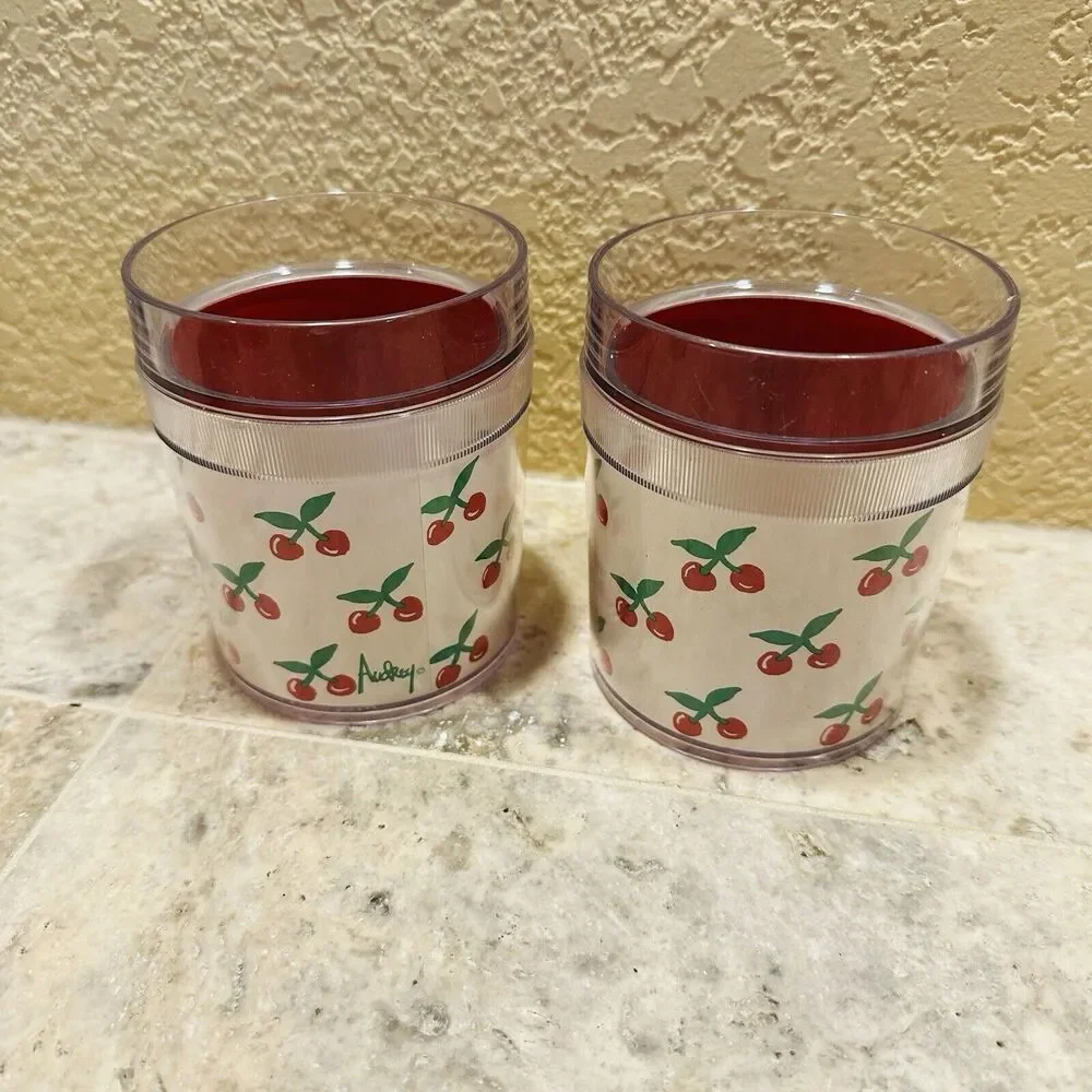 Vintage St Tropez Thermo Serv Audrey Cherry Cups (Set of 2) USA MCM Red Cherries